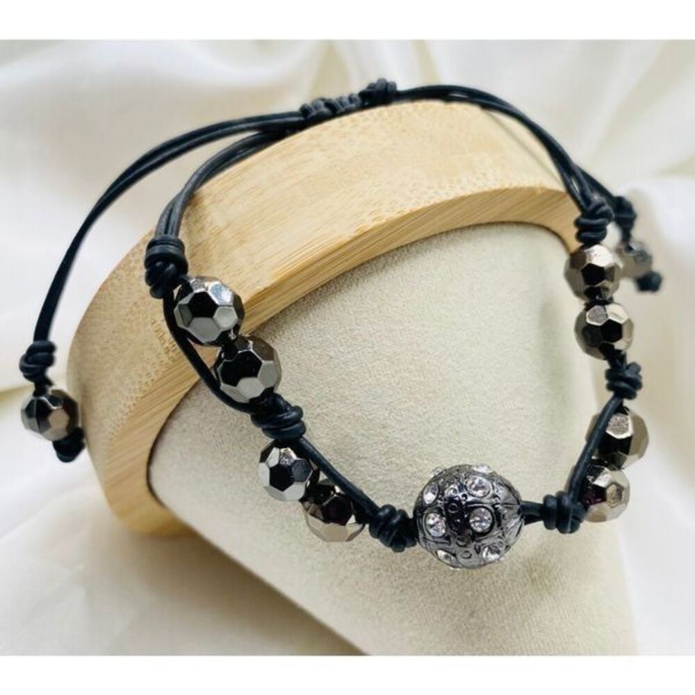 Black wax covered adjustable beaded ball rhinestone bracelet